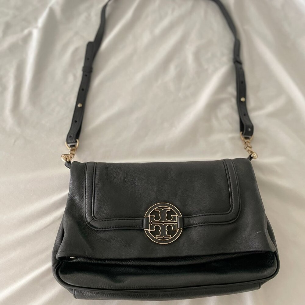 Tory Burch Black Leather Amanda Foldover Crossbody Bag